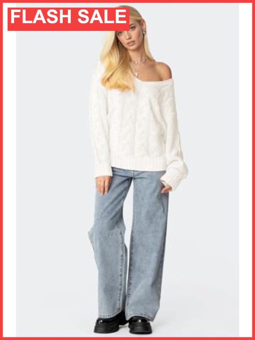 Oversized Cable Knit V-Neck Long Sleeve Pullover Sweater - Picture 4 of 6